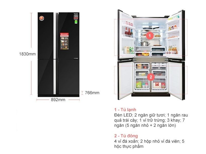 Tủ Lạnh 4 cánh SHARP Inverter 678 Lít SJ-FX688VG-BK
