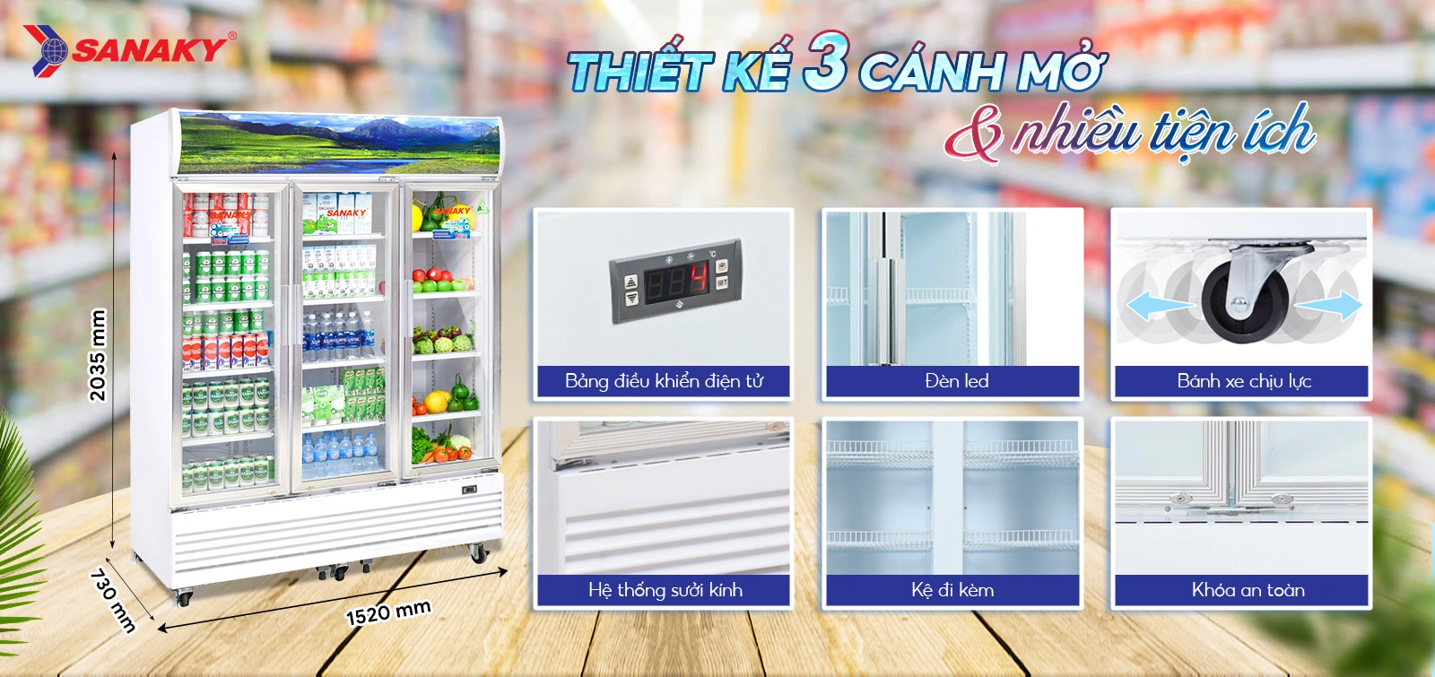 Thiết kế Tủ Mát Sanaky VH-1520HP3 3 cánh mở cùng nhiều tiện ích