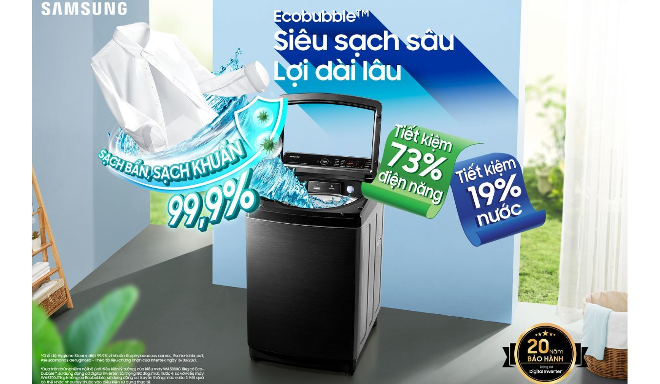 Máy giặt Samsung Inverter 14 kg WA14CG5745BVSV - Công nghệ Bong bóng siêu mịn EcoBubble